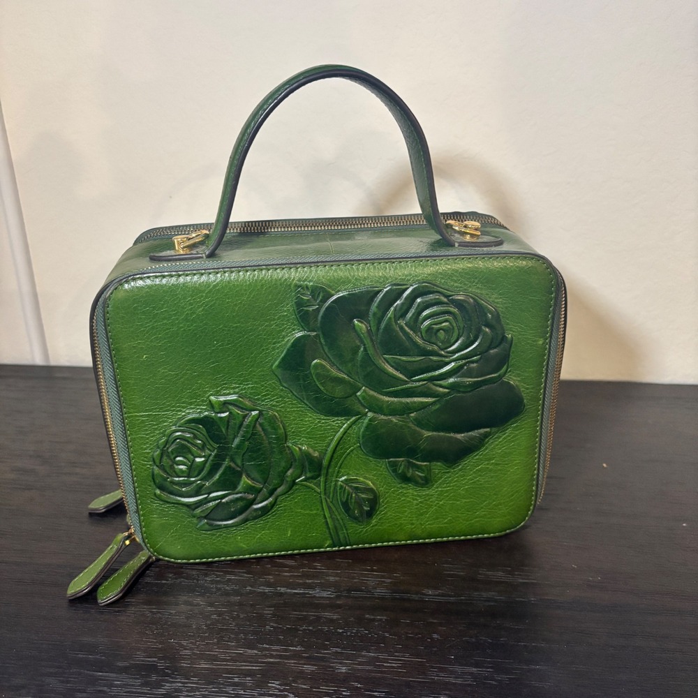 Pijushi Satchel Rose Embossed Leather Green Vintage Cottagecore Bag